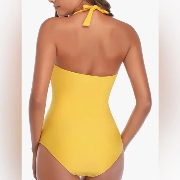 Smismivo Tummy Control Swimwear Halter 1-Piece Slimming Swimsuit,Yellow, size L - Picture 2 of 8